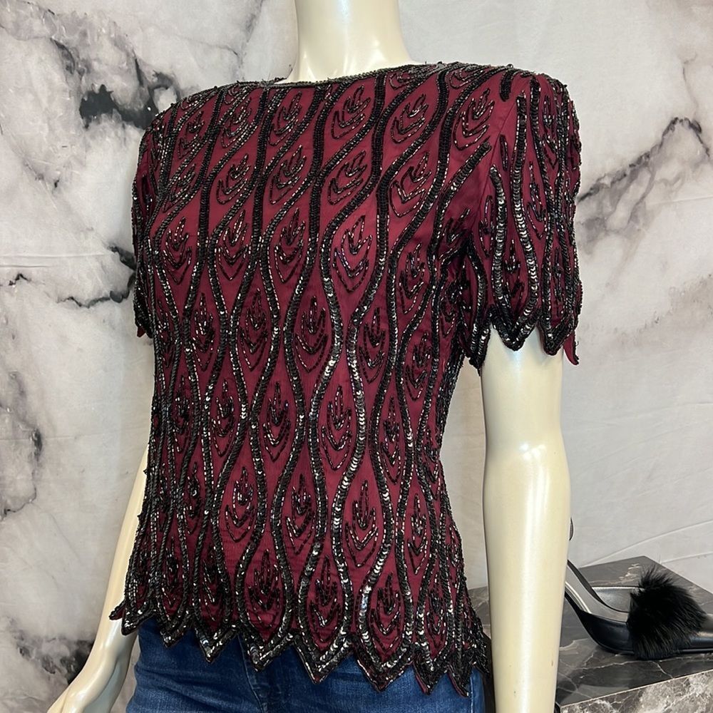 *Maroon and black beaded sequence evening top brand stenay - Picture 4 of 10
